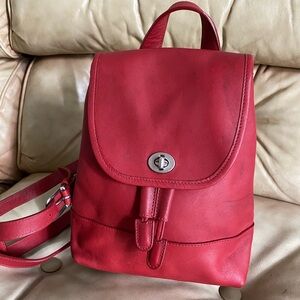Authentic Coach RED Leather Turnlock Daypack Backpack Bag Nickel Hardware